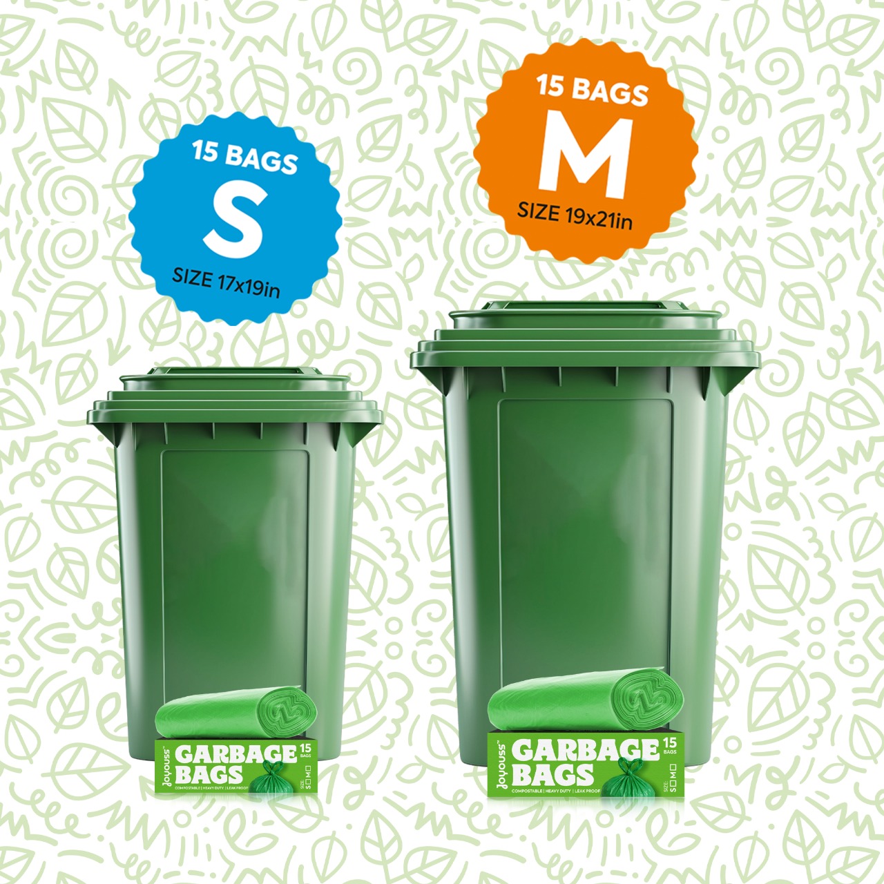 Joyouss Garbage Bags Size Comparison - Small 17x19 inch and Medium 19x21 inch